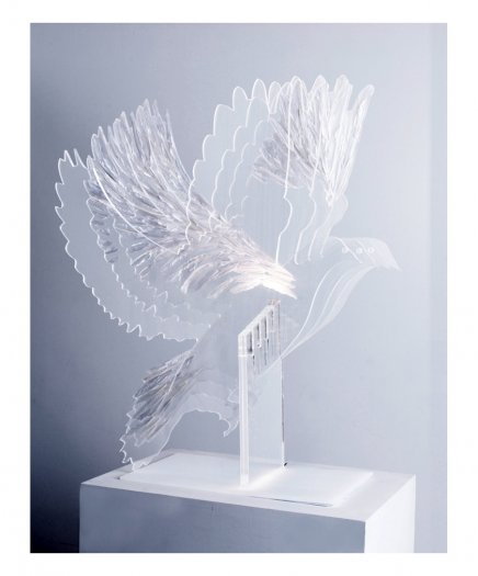 Bird Strike, 2011. Feathers on perspex with LED lighting. 140 x 115cm. Fighter jet projection onto artwork optional.