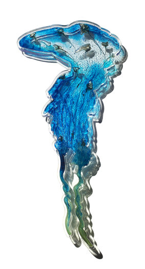 Blow In (1), 2015. Bluebottles, pigment and phosphorescent powder in resin on perspex. 112 x 52cm.