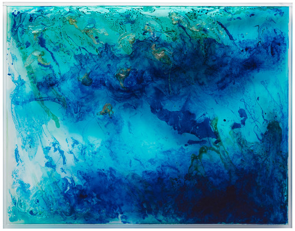 Bluebottles In The Surf, 2013. Dead Bluebottles cast in pigmented resin on Perspex. 64 x 82cm.