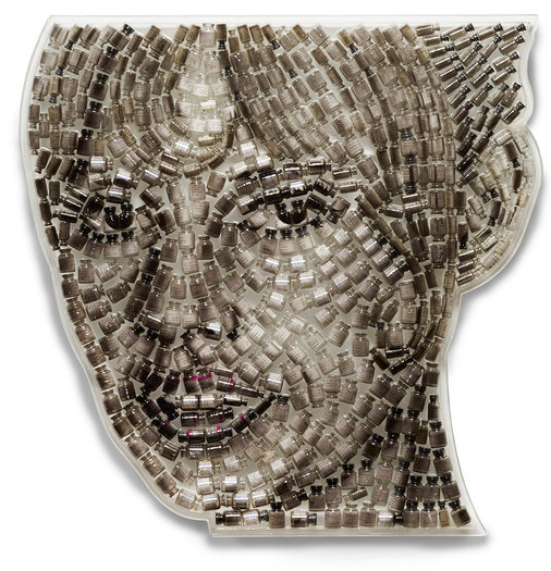 Botox Bardot, 2018. Oil on Botox vials in resin on clear Perspex. 80 x 80cm.