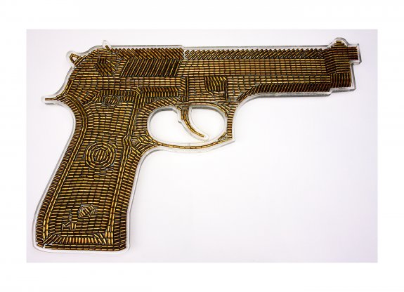 Golden Gun II, 2009. Oil on empty bullet shells in resin on perspex. 125 x 80cm.