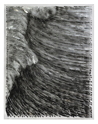 Groundswell, 2015. Oil on surgical scalpel blades in resin on Perspex. 64 x 82cm.