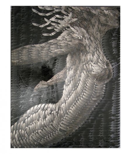Into the Void, 2007. Oil on scalpel blades in resin on perspex. 64 x 82cm.