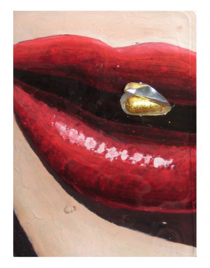 Lips I, 2005. Oil on aluminium pill packet with empty, painted capsules coated in gold leaf. Cast in fibreglass on perspex. 17 x 19.5cm