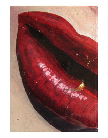 Lips II, 2005. Oil on aluminium pill packet with empty, painted capsules coated in gold leaf. Cast in fibreglass on perspex. 17 x 19.5cm.