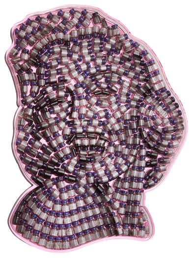 Marilyn, 2018. Oil on Botox vials in resin on pink-mirrored Perspex.  85 x 67cm.
