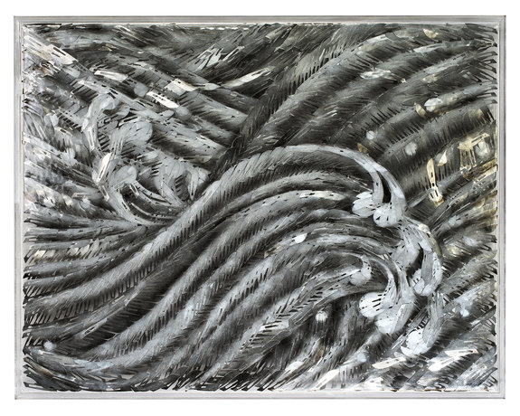 Okinami, 2015. Oil on surgical scalpel blades in resin on Perspex. 64 x 82cm.