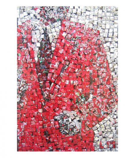 Power, 2005. Hydraulically pressed aluminium can pieces cut in 1 x 1cm squares and cast in fibreglass on board. 59 x 42cm.