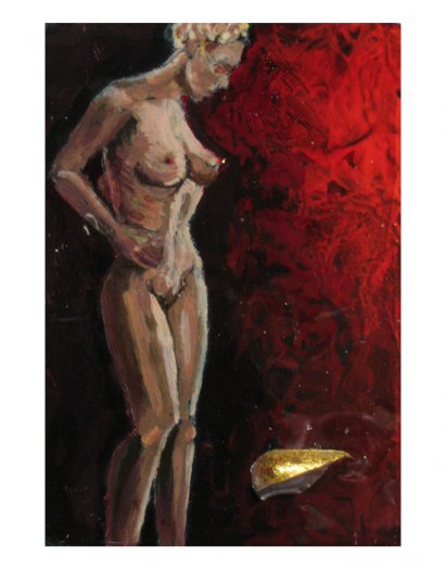 Standing Nude, 2005. Oil on aluminium pill packet with empty painted capsules coated in gold leaf, cast in fibreglass on perspex. 17 x 19.5cm.