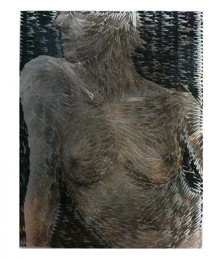 Statuesque, 2010. Oil on surgical scalpel blades in resin on perspex. 64 x 82cm.