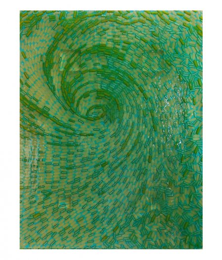 Swirling Water, 2008. Oil on fish oil capsules in pigmented resin on perspex. 64 x 82cm.