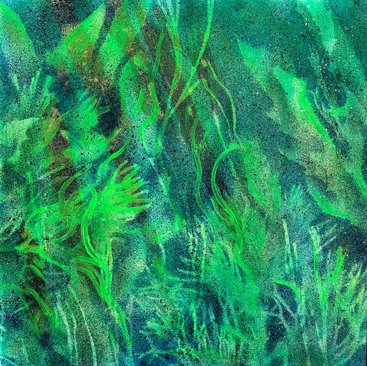 The Reef: good visibility, 2023.  Tempera, gold leaf, phosphorescent pigment, fluorescent acrylic and resin on board. 50x50cm.
