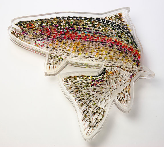 Montana Standard: Twisting Rainbow Trout, 2013. Trout flies cast in resin on Perspex. 55 x 52cm.