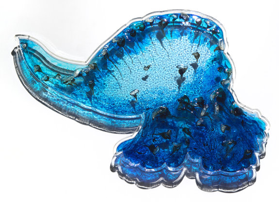 Washed Up (1), 2015. Bluebottles, pigment and phosphorescent powder in resin on perspex. 88 x 65cm.