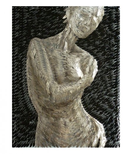 Woman Slouching, 2010. Oil on surgical scalpel blades in resin on perspex. 64 x 82cm.