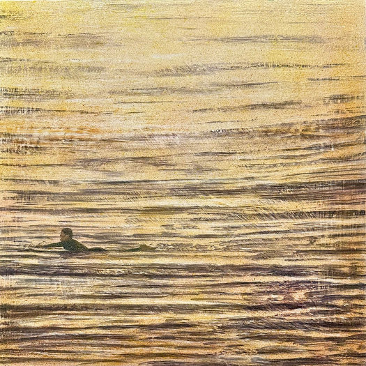 Paddling out early, 2023.  Tempera and resin on board.  50 x 50cm.
