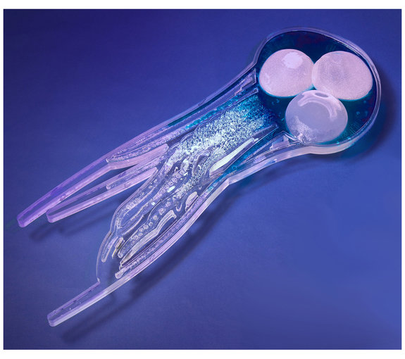 , <em>Elongated Jellyfish (Scaramanga)</em>, 2013 - Silicone breast implants, plastic and pigmented, UV sensitive, resin on Perspex. 85 x 31cm. 

<em>Jellyfish in the Current</em>, 2013 - Silicone breast implant and packaging plastic cast in pigmented, phosphorescent resin on Perspex. 50 x 30cm.  