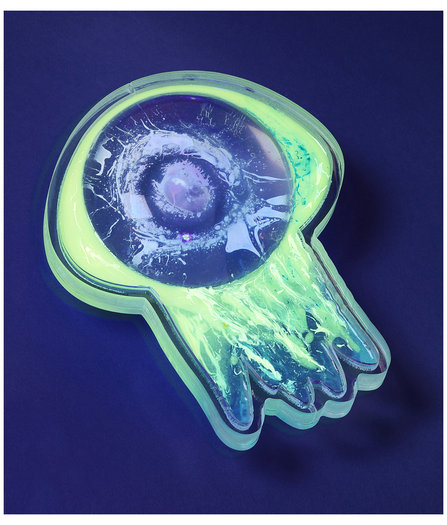 , <em>Bright like neon love: vibrant jellyfish</em>, 2013 - Silicone breast implant and pigmented, phosphorescent resin on Perspex. 30 x 20cm. 

<em>Clear silicon breast implant jellyfish</em>, 2013 - Clear silicone breast implant, plastic tape and pigmented, phosphorescent resin on Perspex. 25 x 20cm. 

<em>Jellyfish viewed from above</em>, 2013 - Silicone breast implant and pigmented, phosphorescent resin on Perspex. 30 x 23cm. 
